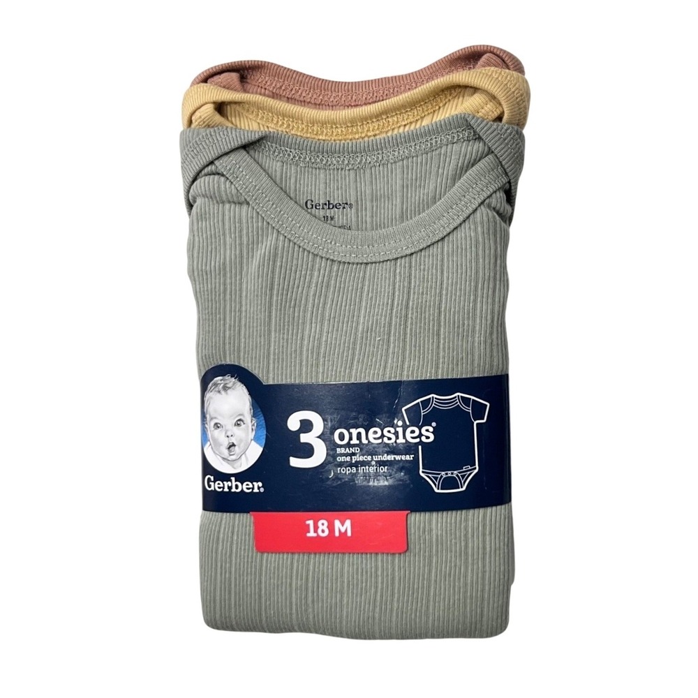 Gerber Onesies Bodysuits Unisex 18M Multicolor Ribbed Cotton Short Sleeve 3-Pack